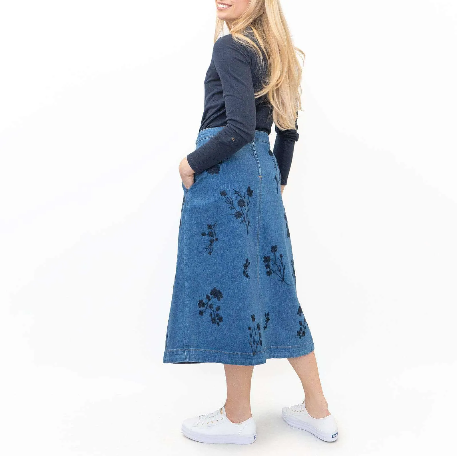 White Stuff Cardamom Embroidery Denim Midi Skirt