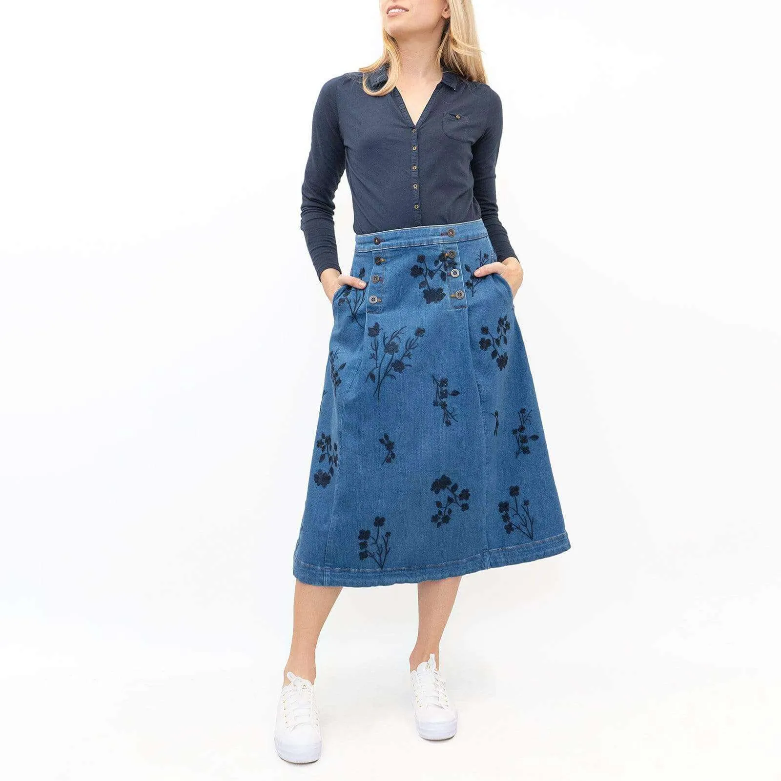 White Stuff Cardamom Embroidery Denim Midi Skirt