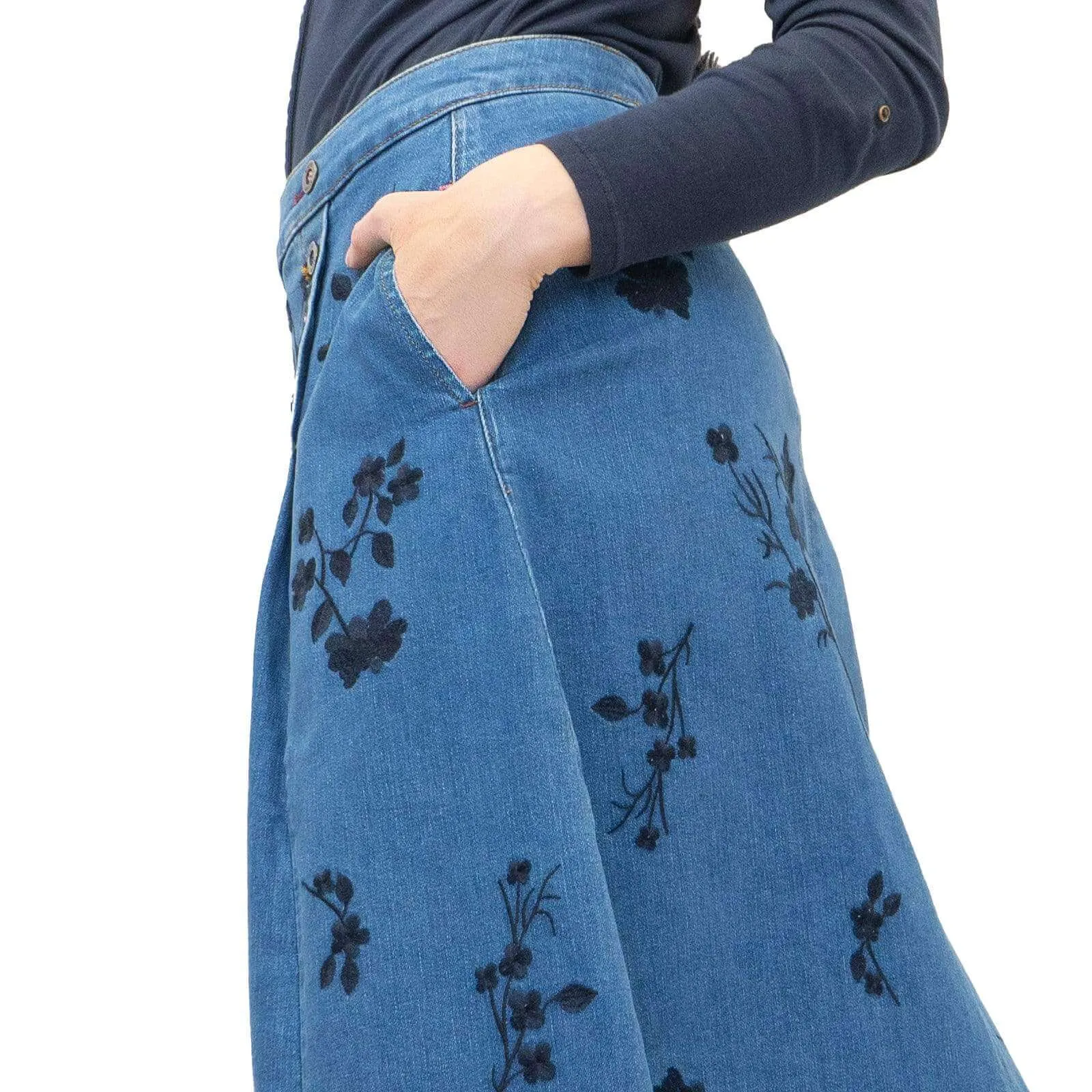White Stuff Cardamom Embroidery Denim Midi Skirt