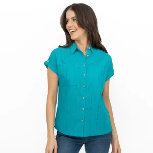 White Stuff Ellie Turquoise Cotton Broderie Short Sleeve Top