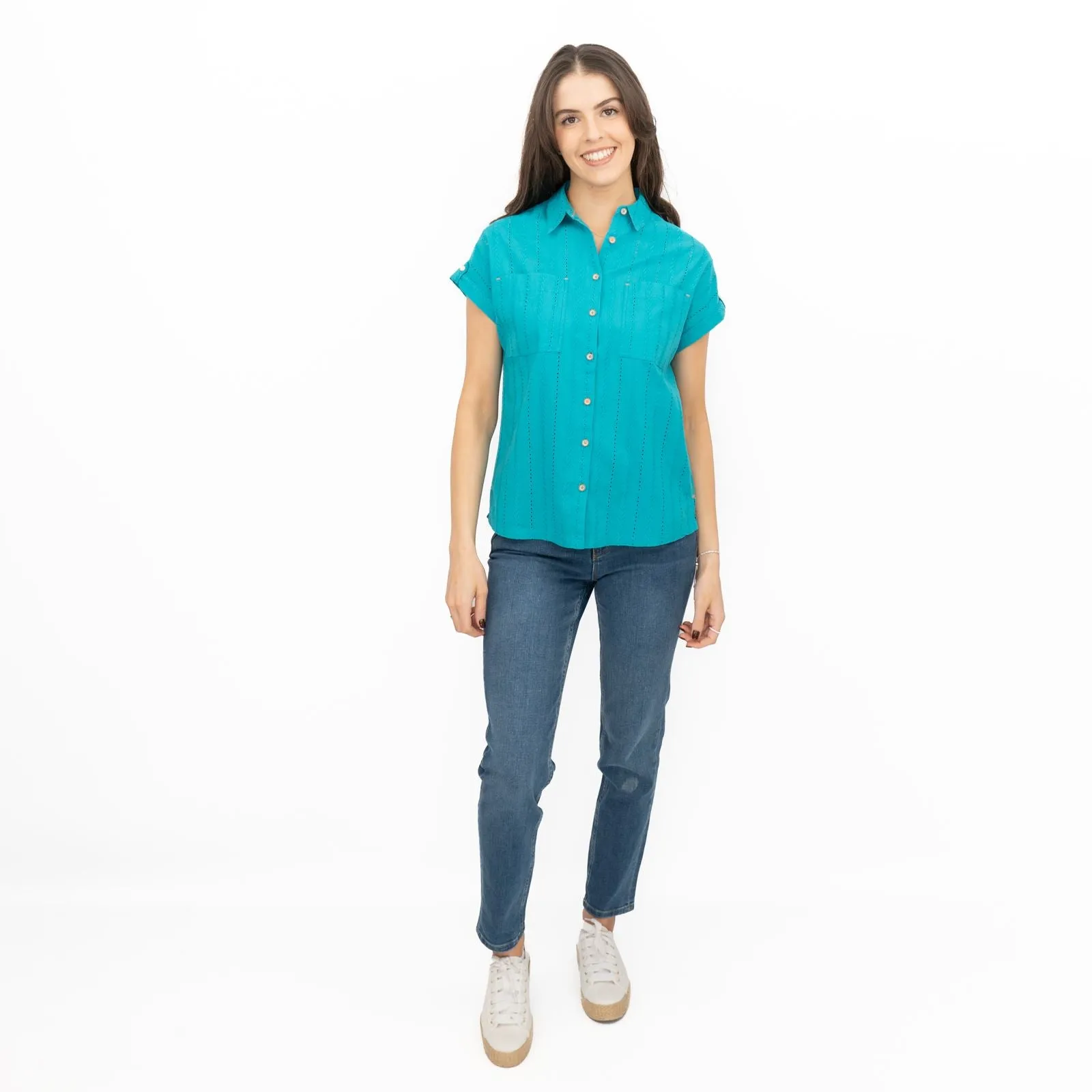 White Stuff Ellie Turquoise Cotton Broderie Short Sleeve Top