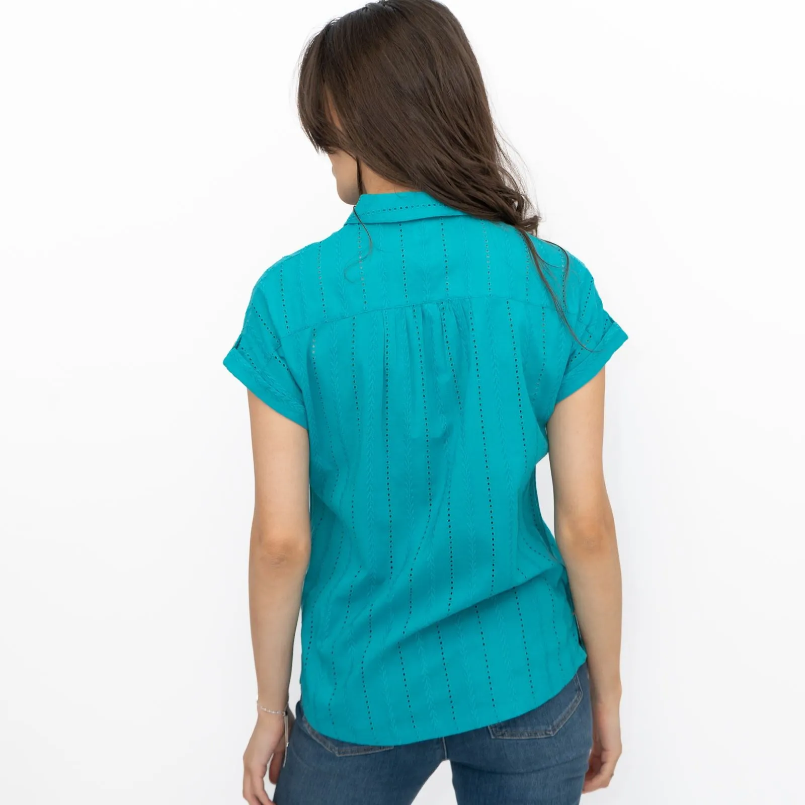 White Stuff Ellie Turquoise Cotton Broderie Short Sleeve Top
