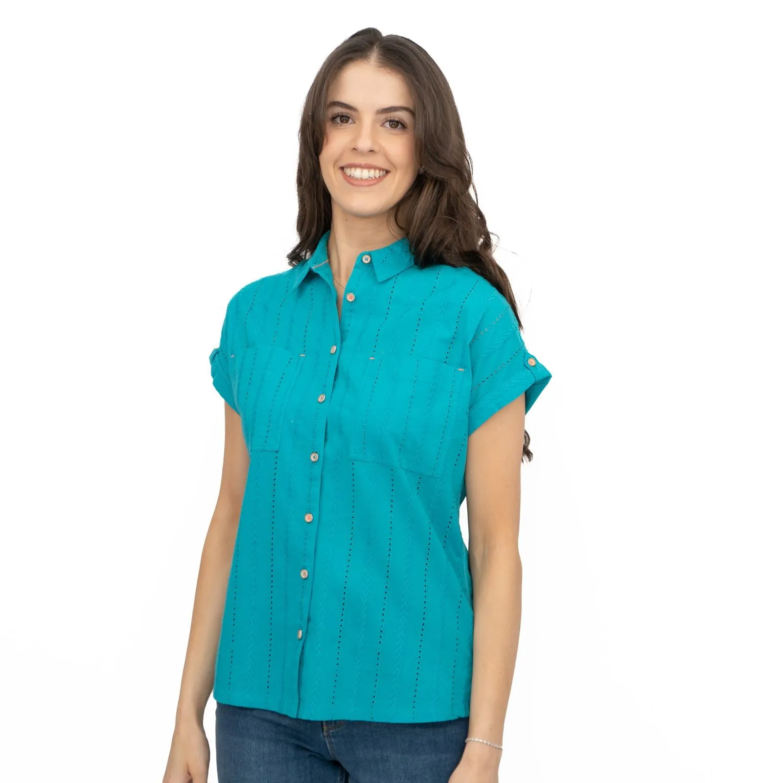 White Stuff Ellie Turquoise Cotton Broderie Short Sleeve Top