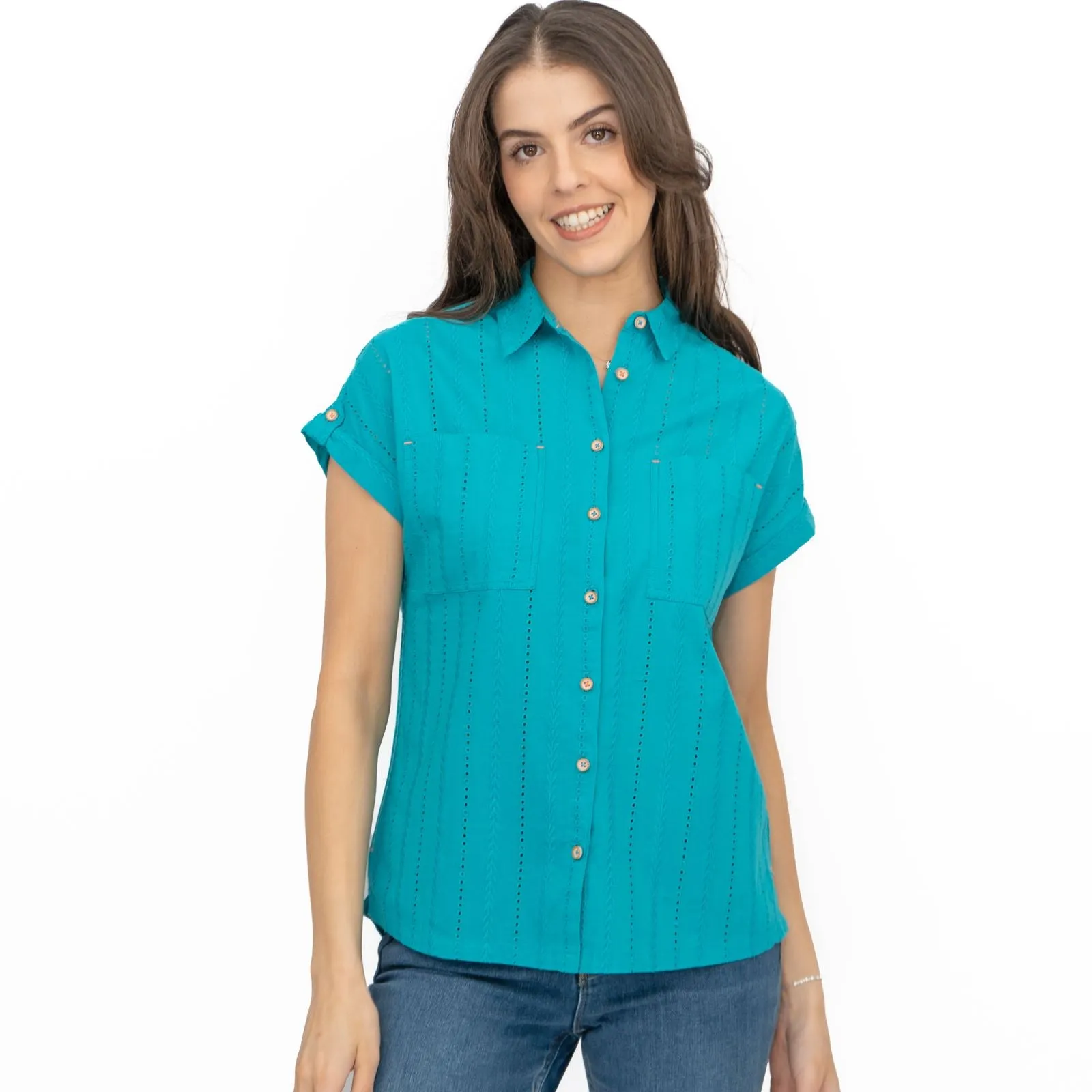 White Stuff Ellie Turquoise Cotton Broderie Short Sleeve Top