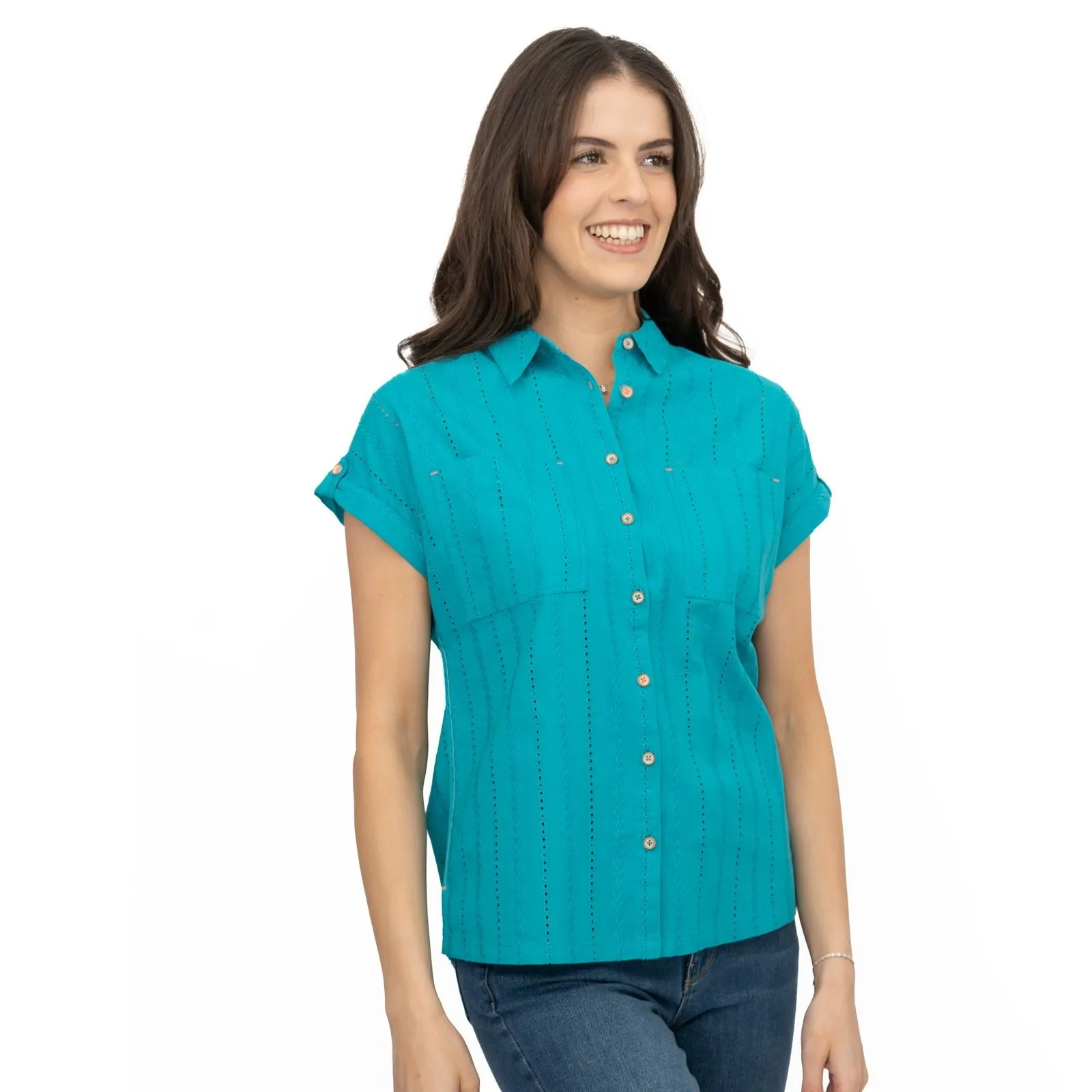 White Stuff Ellie Turquoise Cotton Broderie Short Sleeve Top