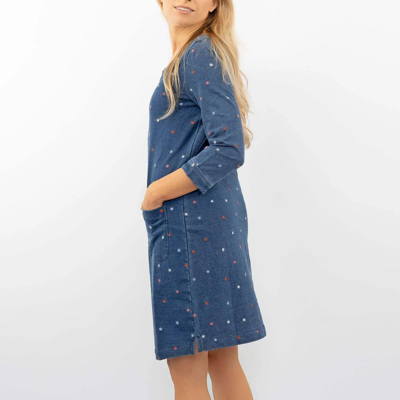 White Stuff Embroidered Jersey 3/4 Sleeve Short Shift Dress
