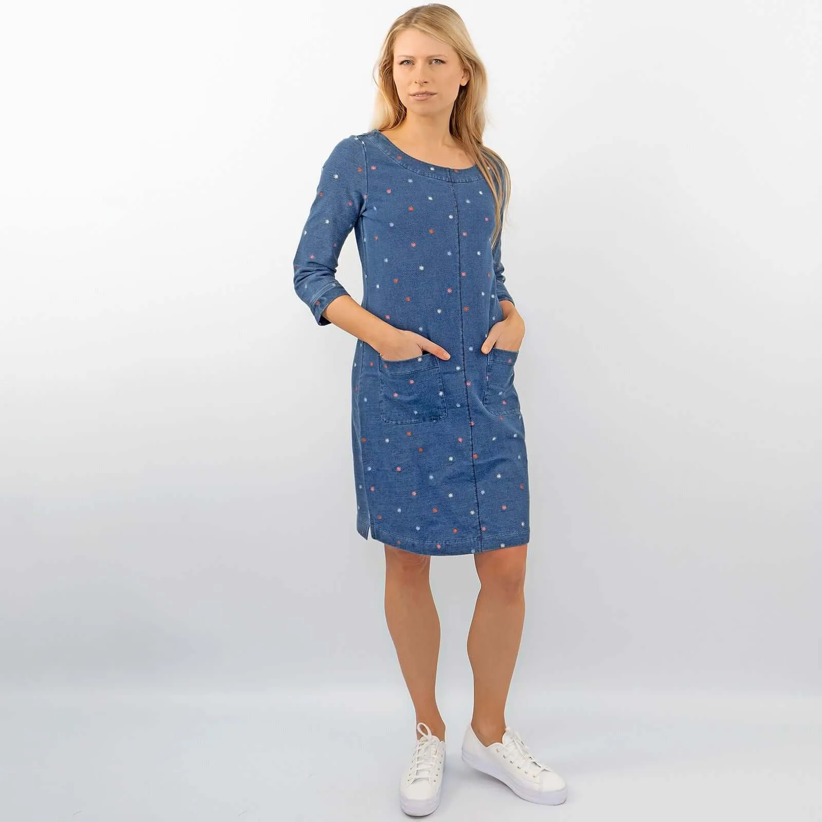 White Stuff Embroidered Jersey 3/4 Sleeve Short Shift Dress
