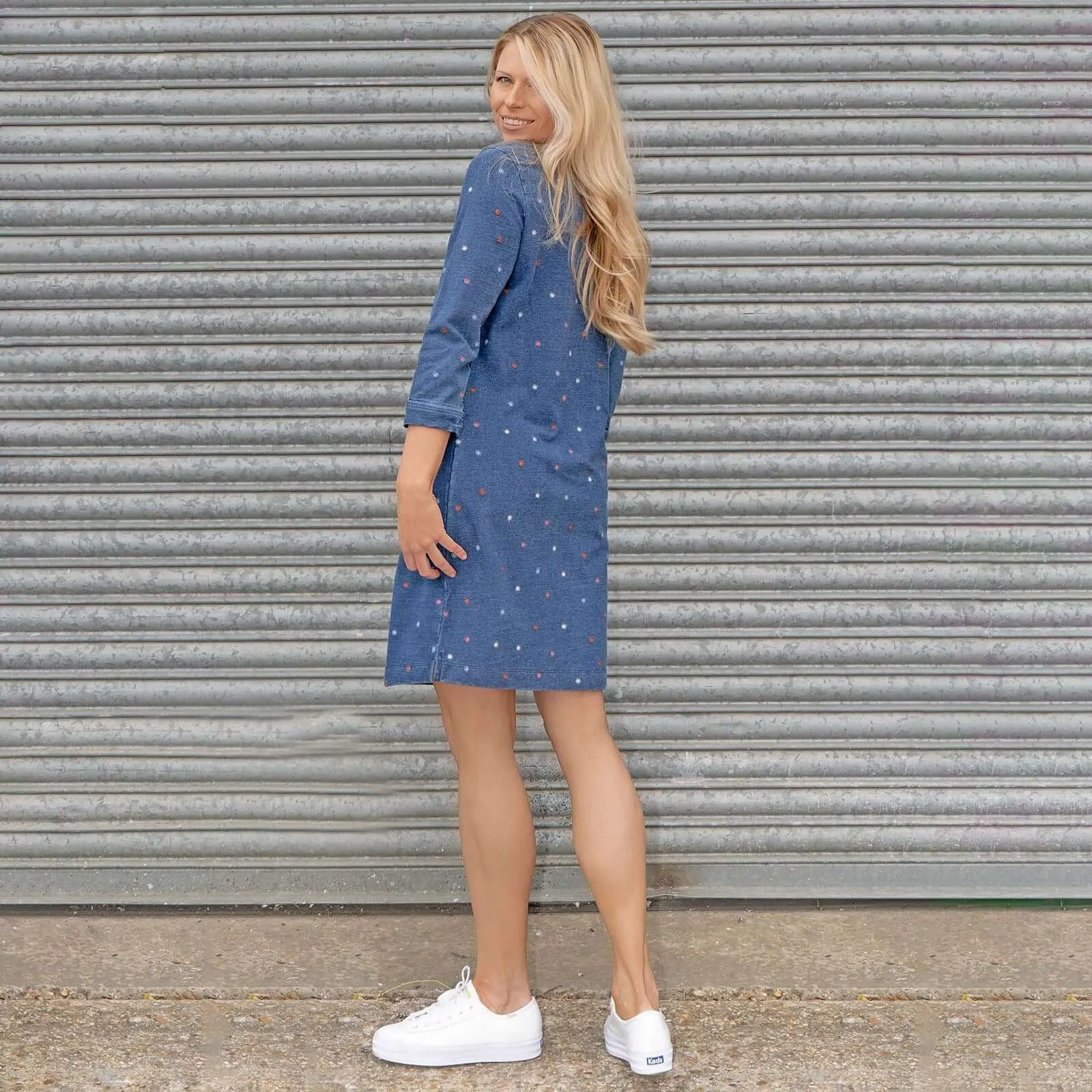 White Stuff Embroidered Jersey 3/4 Sleeve Short Shift Dress