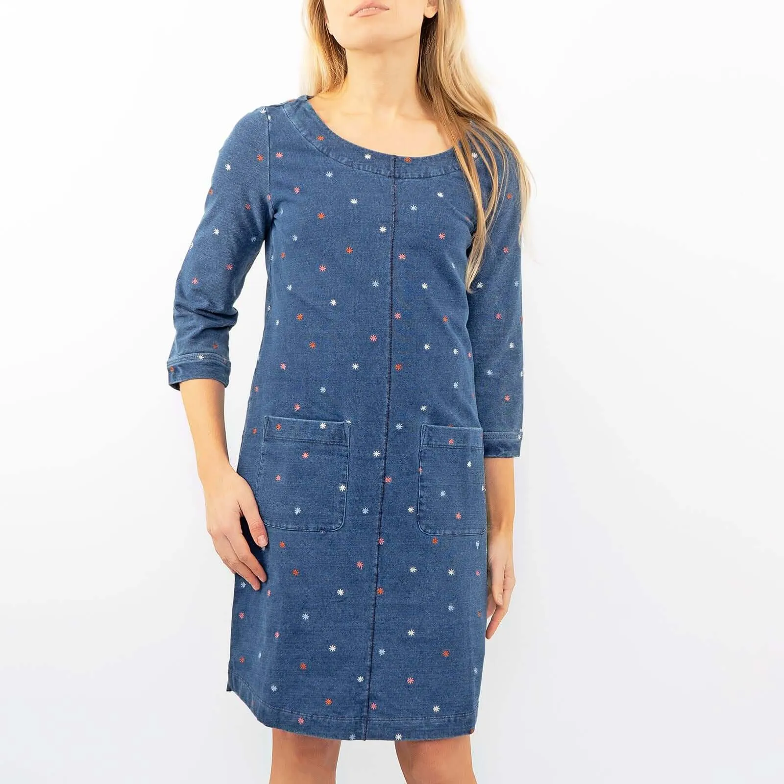 White Stuff Embroidered Jersey 3/4 Sleeve Short Shift Dress
