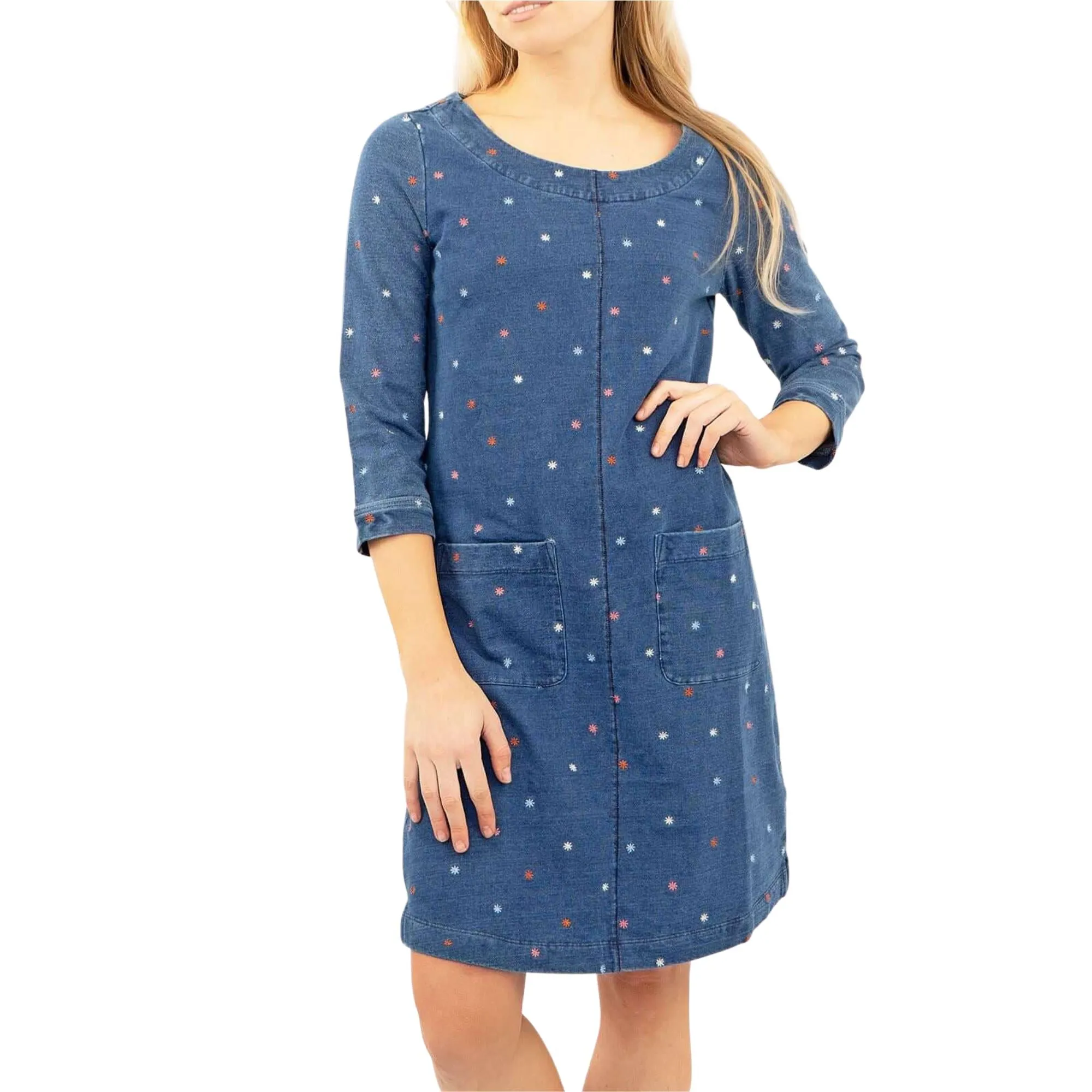White Stuff Embroidered Jersey 3/4 Sleeve Short Shift Dress