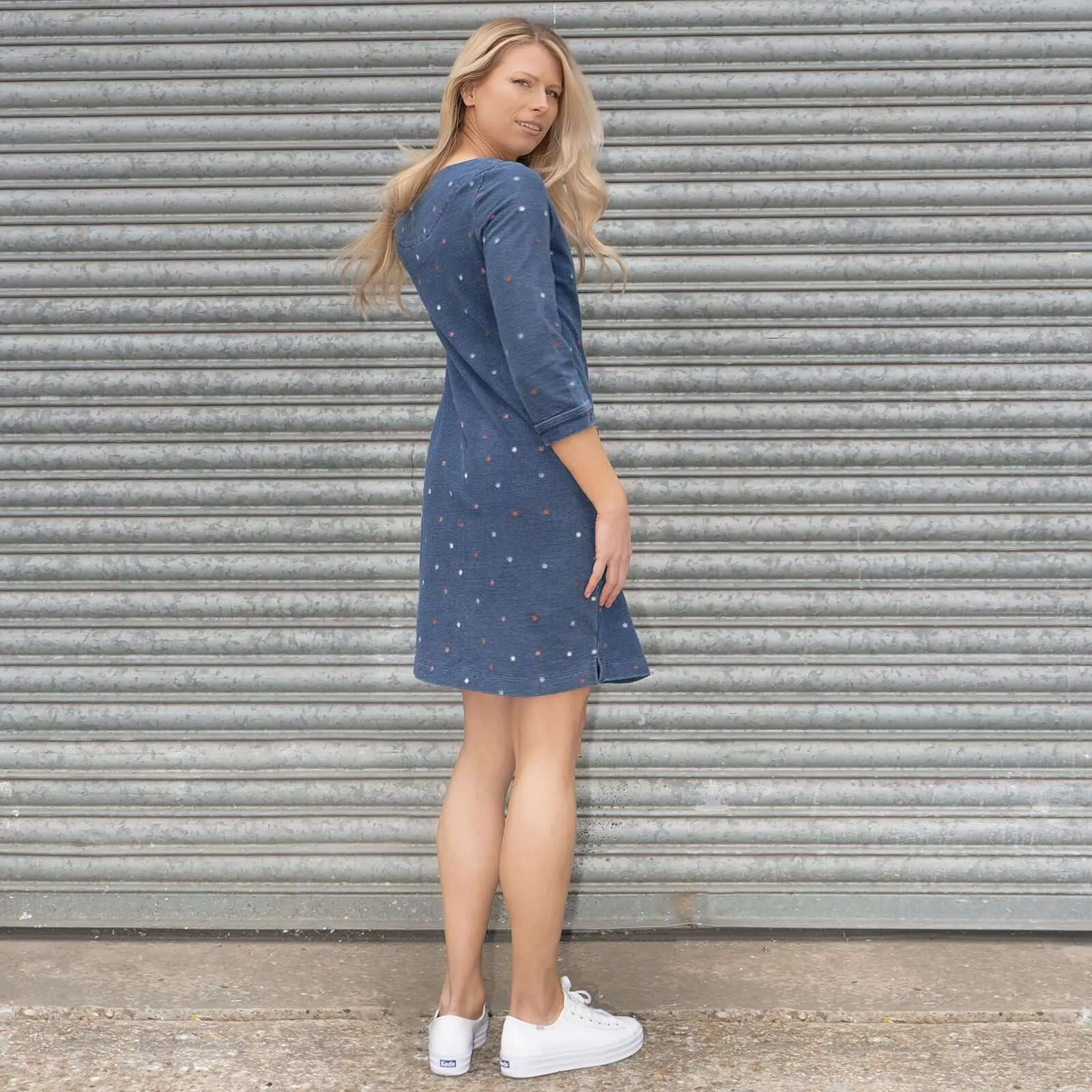 White Stuff Embroidered Jersey 3/4 Sleeve Short Shift Dress