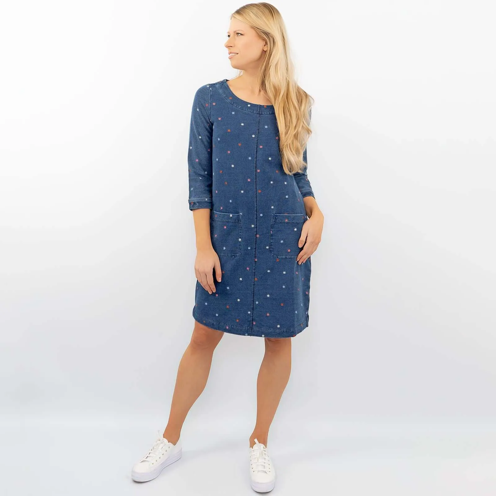 White Stuff Embroidered Jersey 3/4 Sleeve Short Shift Dress