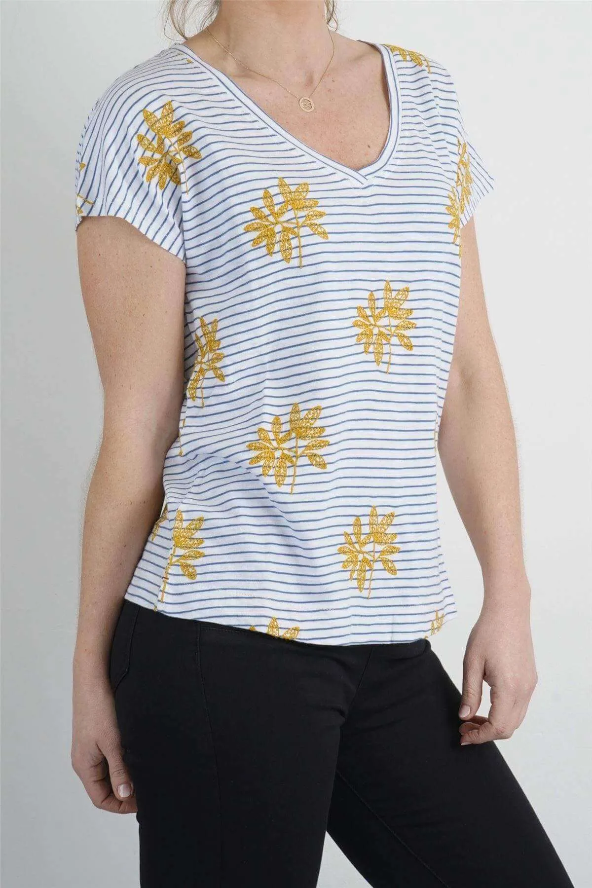 White Stuff Leaf Embroidered Short Sleeve Stripe Top