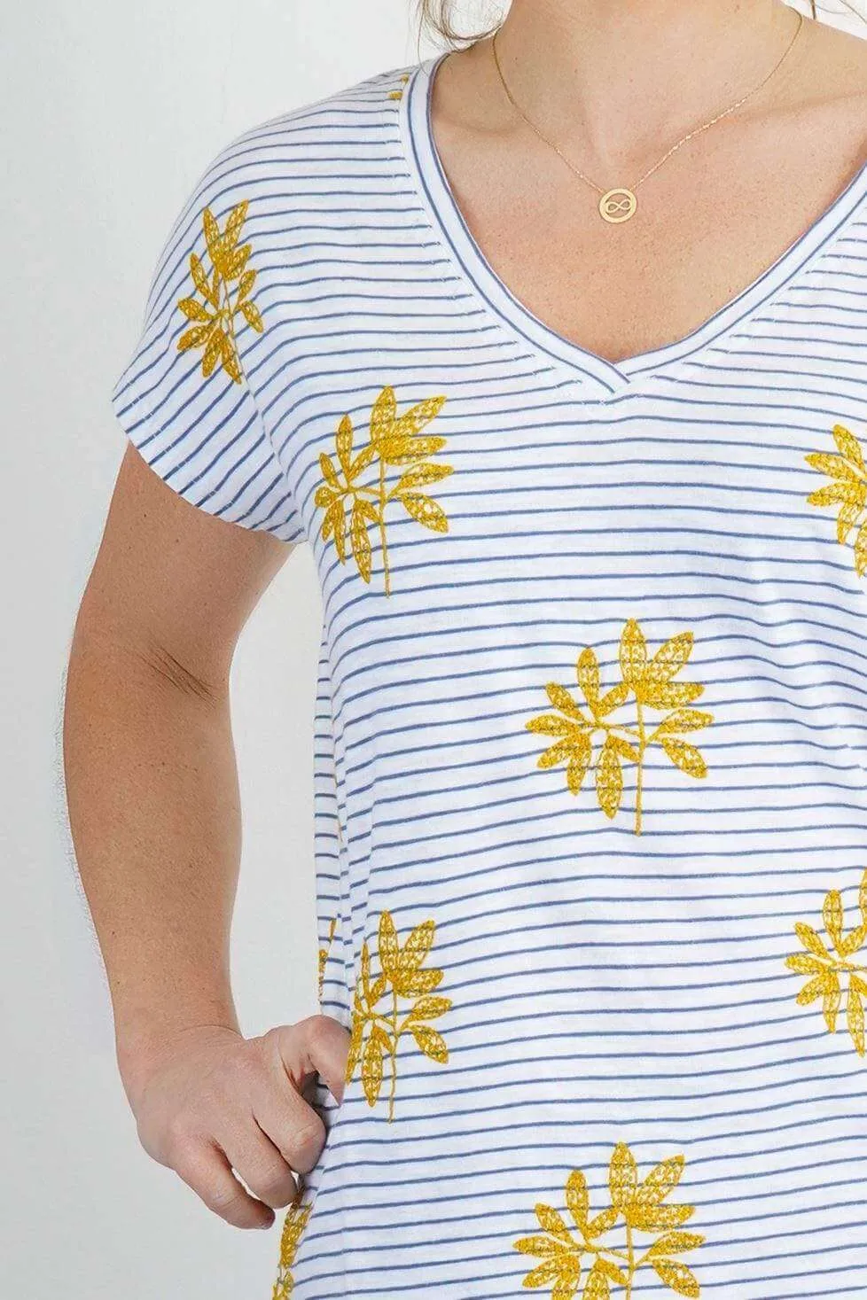 White Stuff Leaf Embroidered Short Sleeve Stripe Top