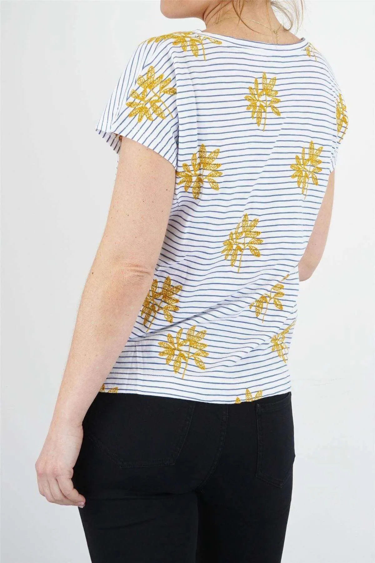 White Stuff Leaf Embroidered Short Sleeve Stripe Top