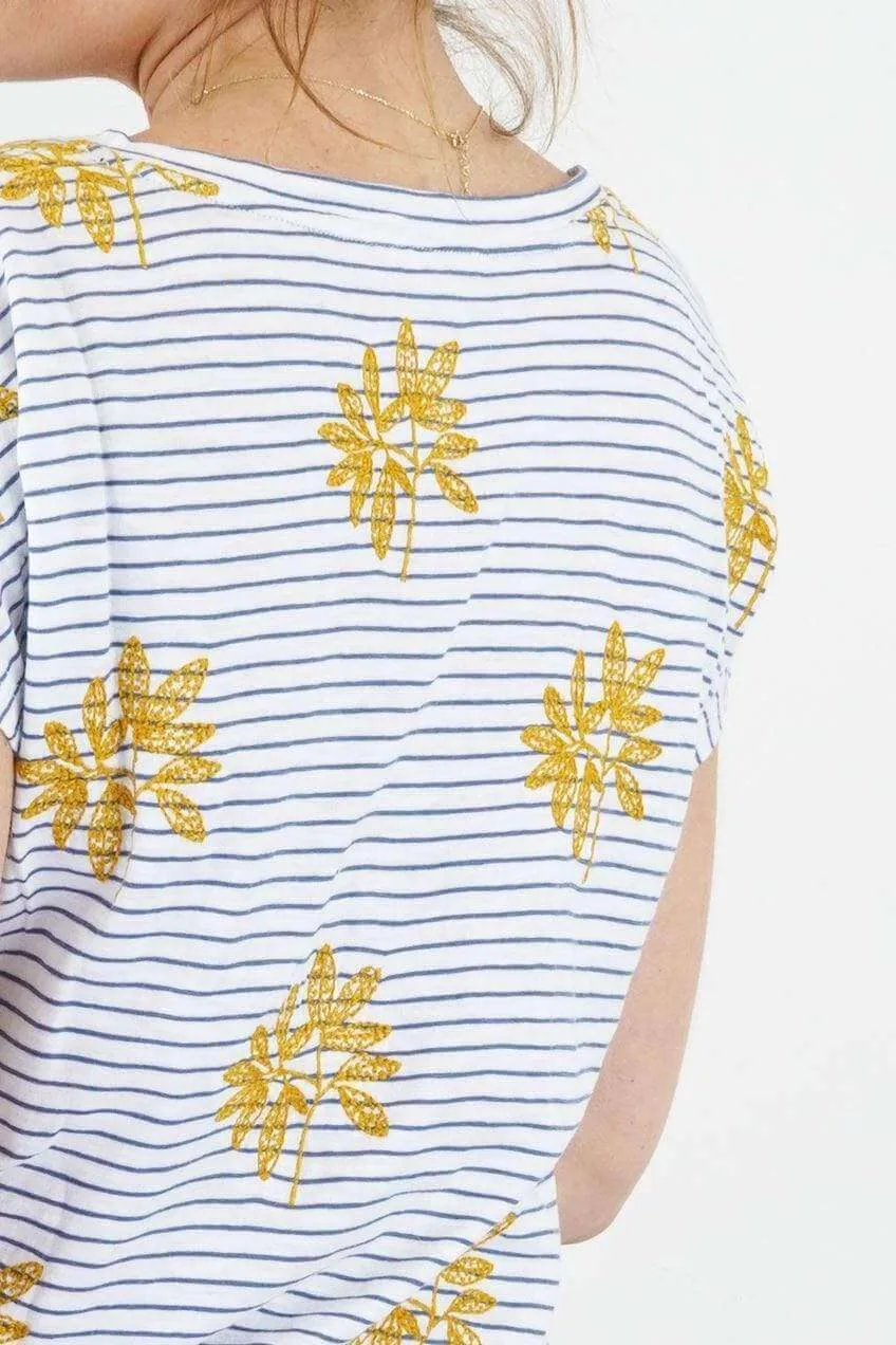 White Stuff Leaf Embroidered Short Sleeve Stripe Top