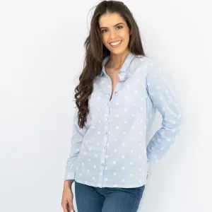 White Stuff Long Sleeve Relaxed Fit Button-Up Lightweight Cotton Blue Embroidered Shirts