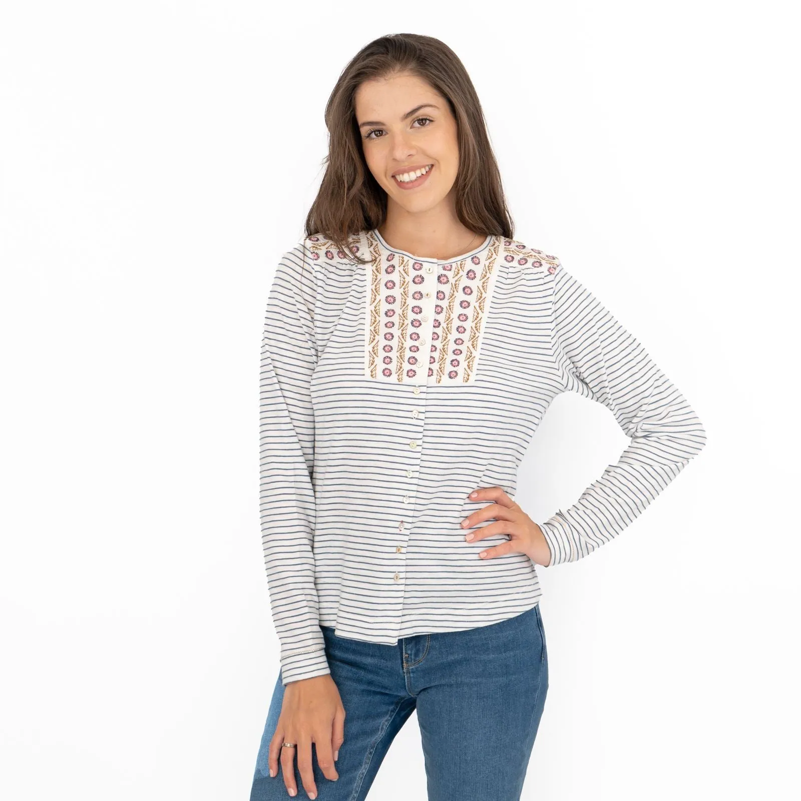 White Stuff Lorenna Embroidery Long Sleeve Jersey Tops