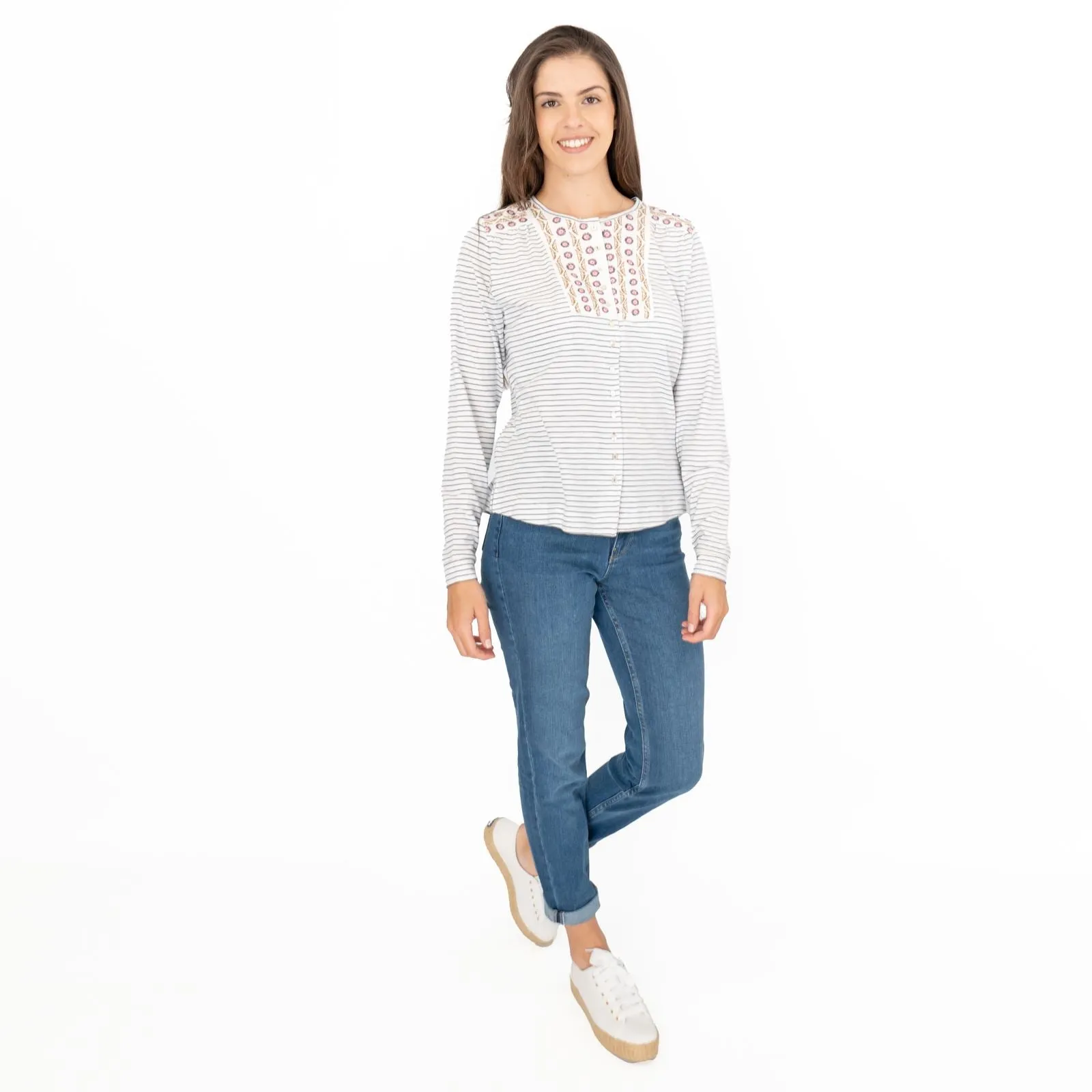 White Stuff Lorenna Embroidery Long Sleeve Jersey Tops