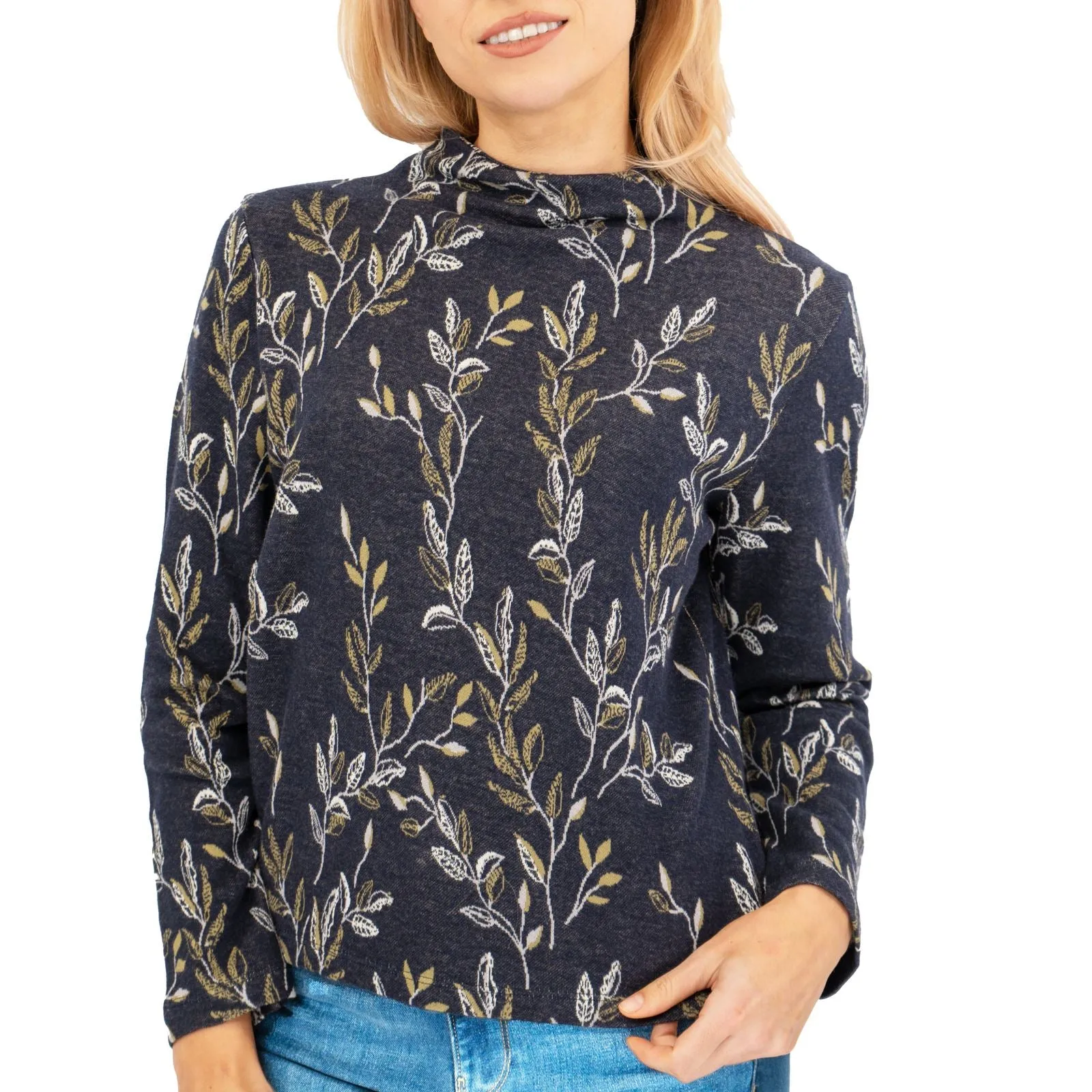 White Stuff Navy Leaf Jacquard Jersey Top