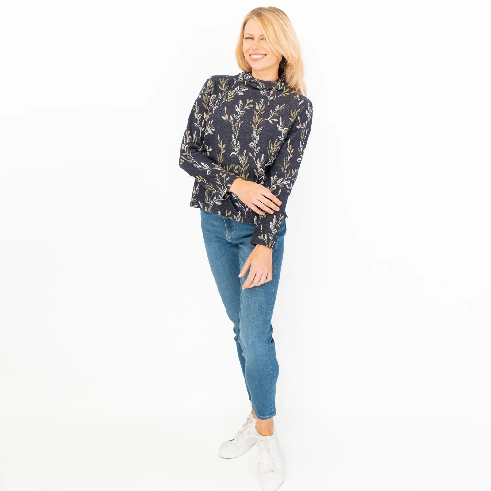 White Stuff Navy Leaf Jacquard Jersey Top
