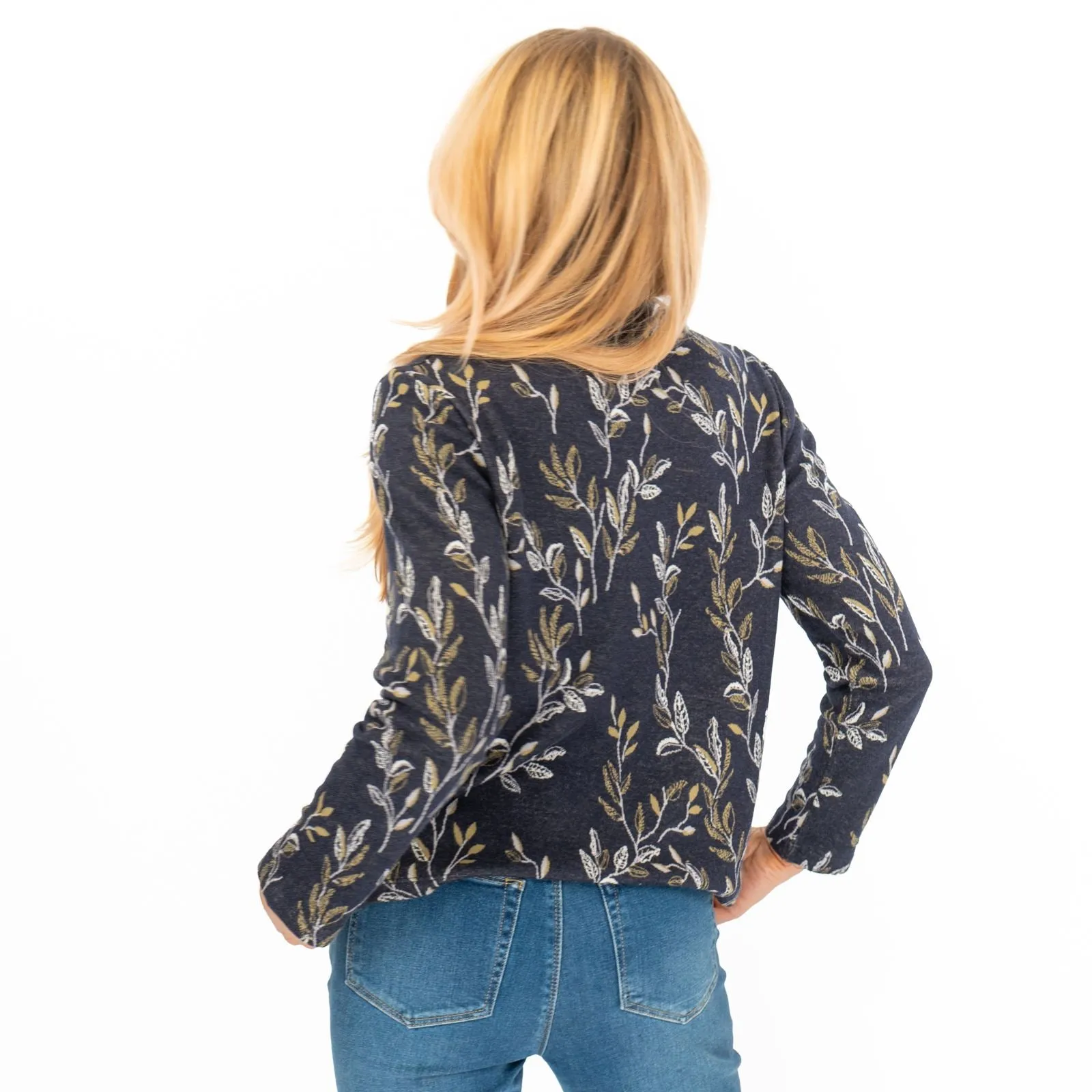 White Stuff Navy Leaf Jacquard Jersey Top
