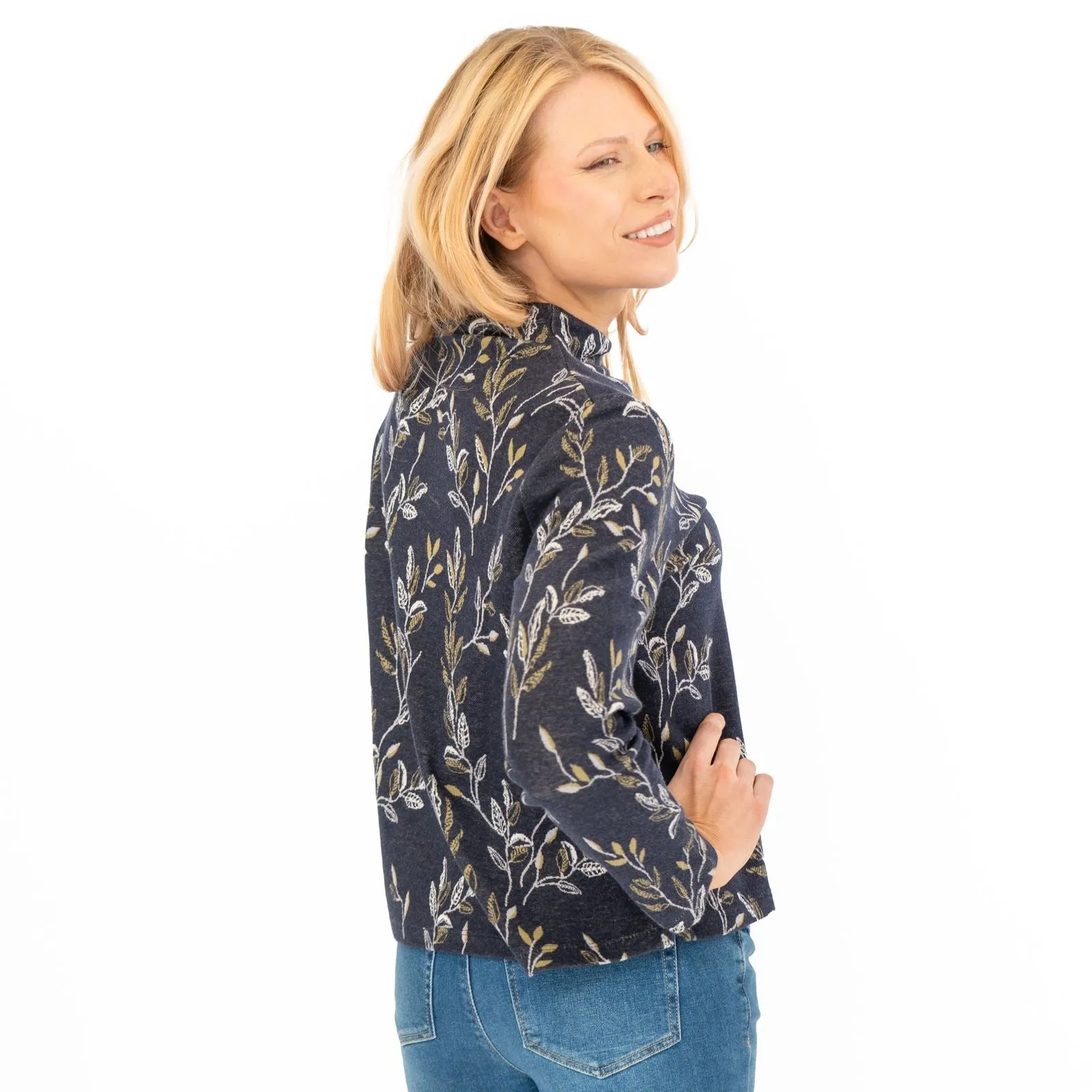White Stuff Navy Leaf Jacquard Jersey Top