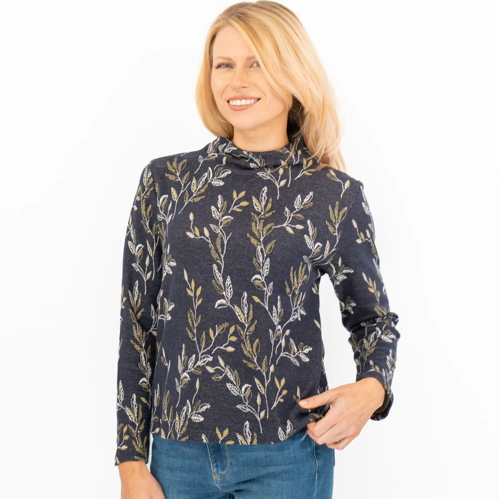 White Stuff Navy Leaf Jacquard Jersey Top