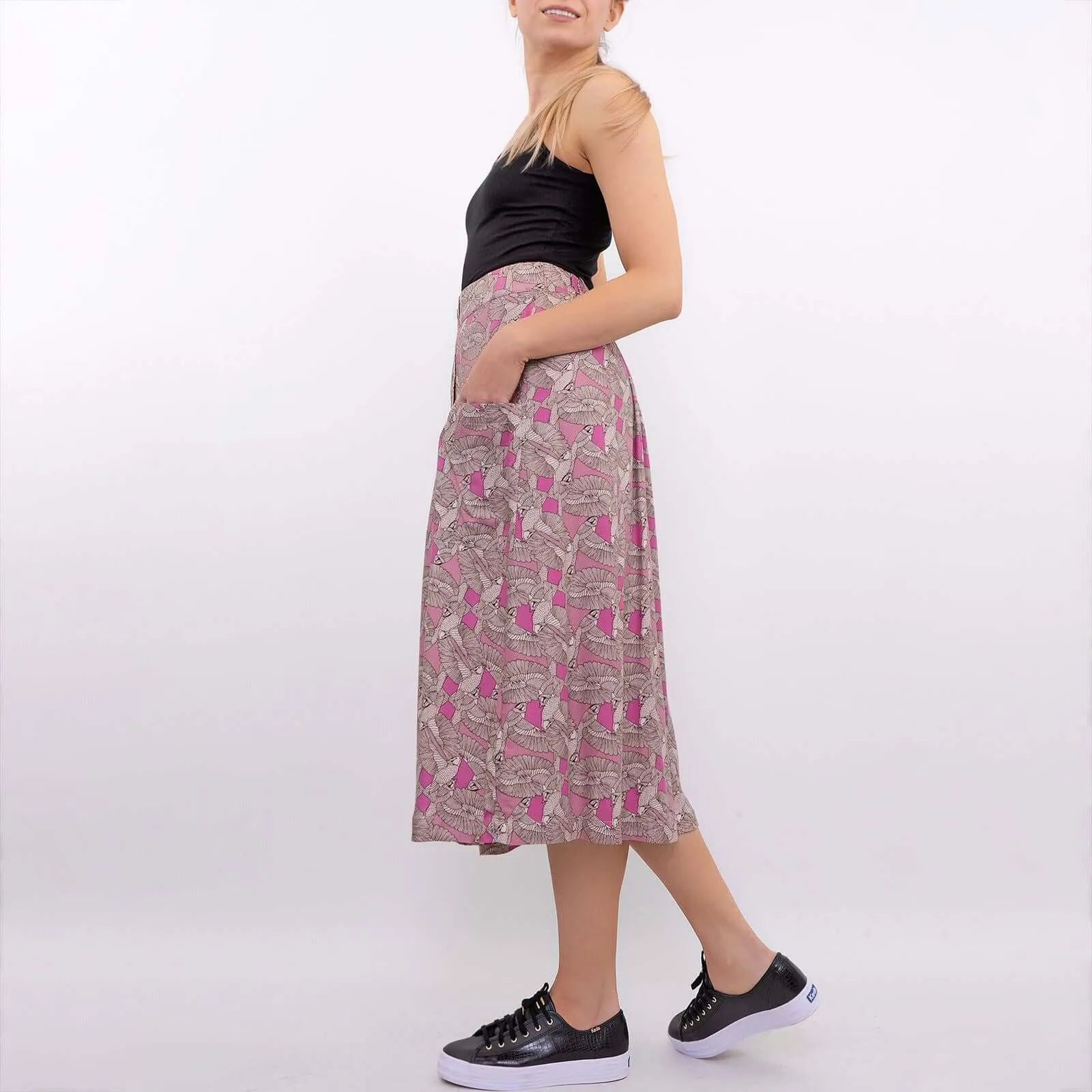 White Stuff Portray Pink Floral Print Lightweight Midi Skirt