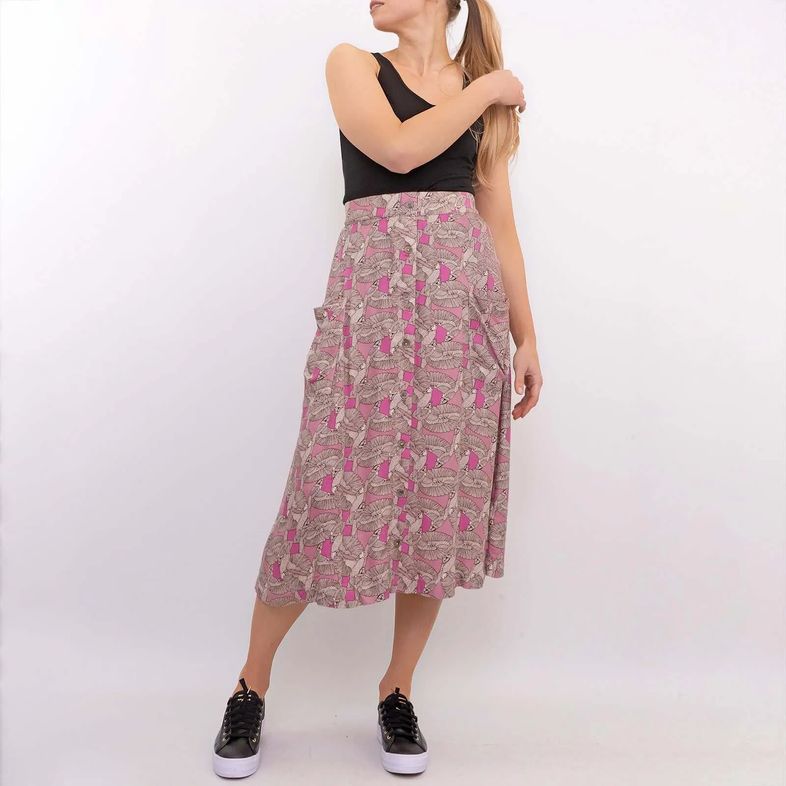 White Stuff Portray Pink Floral Print Lightweight Midi Skirt