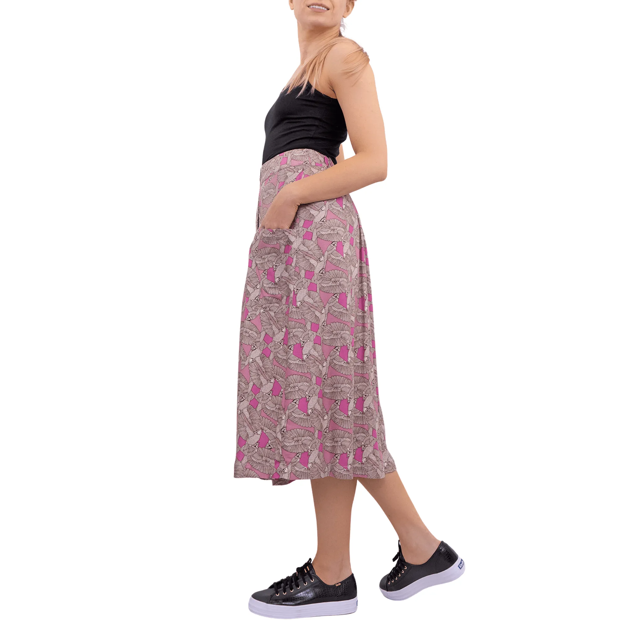 White Stuff Portray Pink Floral Print Lightweight Midi Skirt