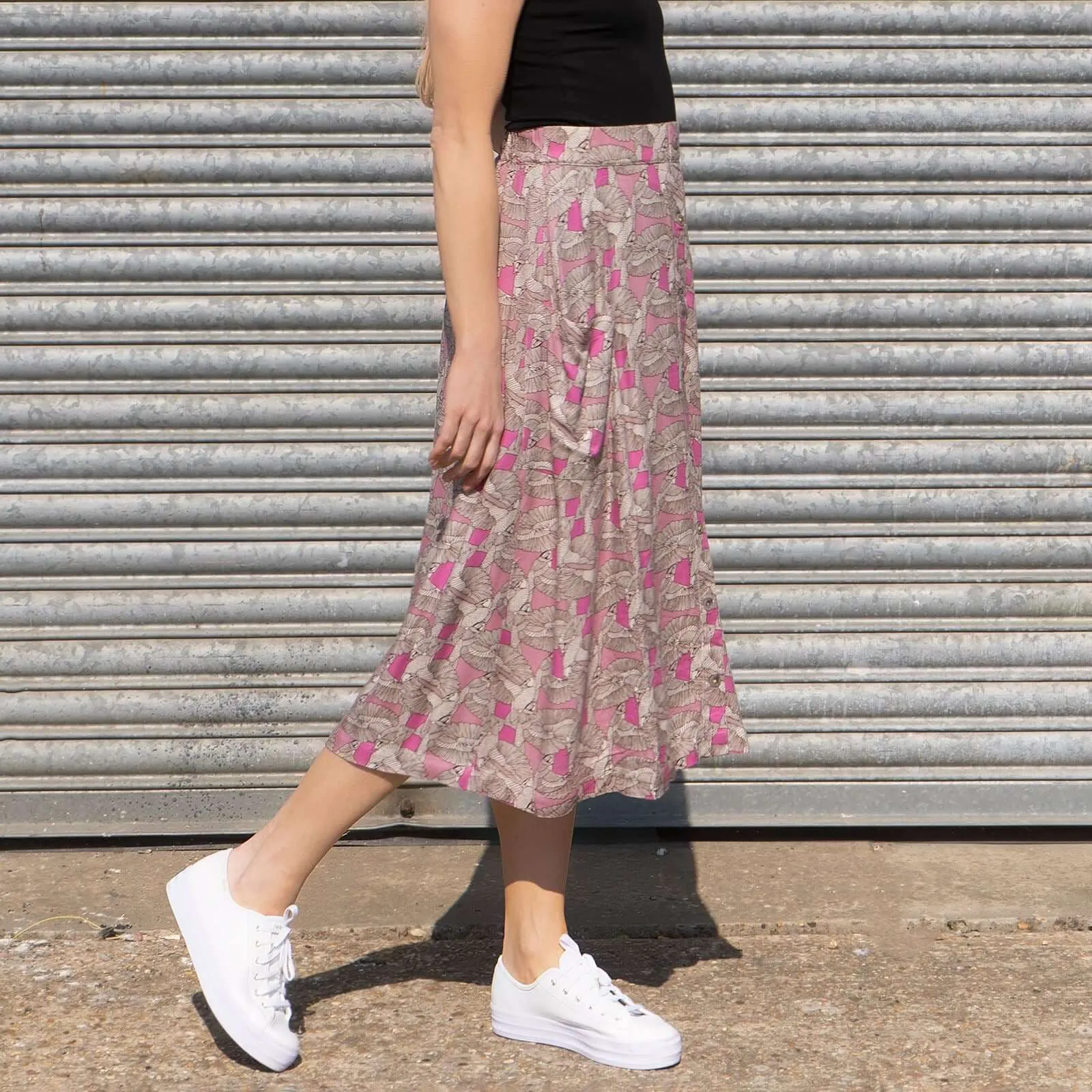 White Stuff Portray Pink Floral Print Lightweight Midi Skirt