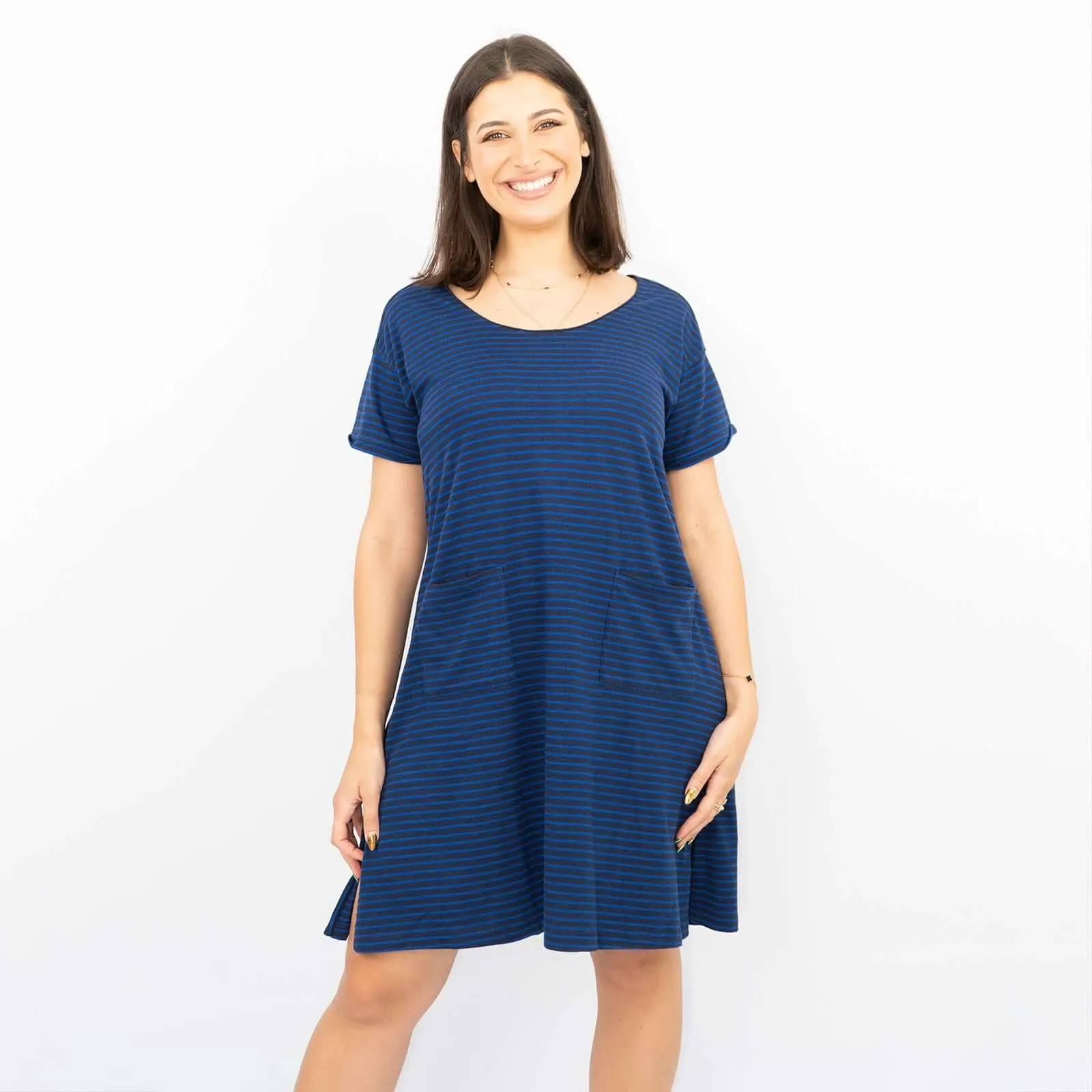 White Stuff Rich Blue Stripes Short Sleeve Cotton Blend Jersey Casual Relaxed Short Dress
