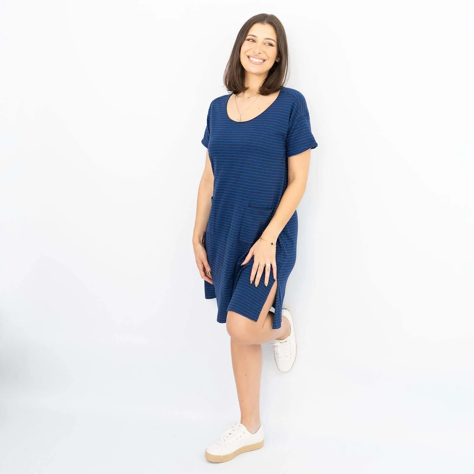 White Stuff Rich Blue Stripes Short Sleeve Cotton Blend Jersey Casual Relaxed Short Dress