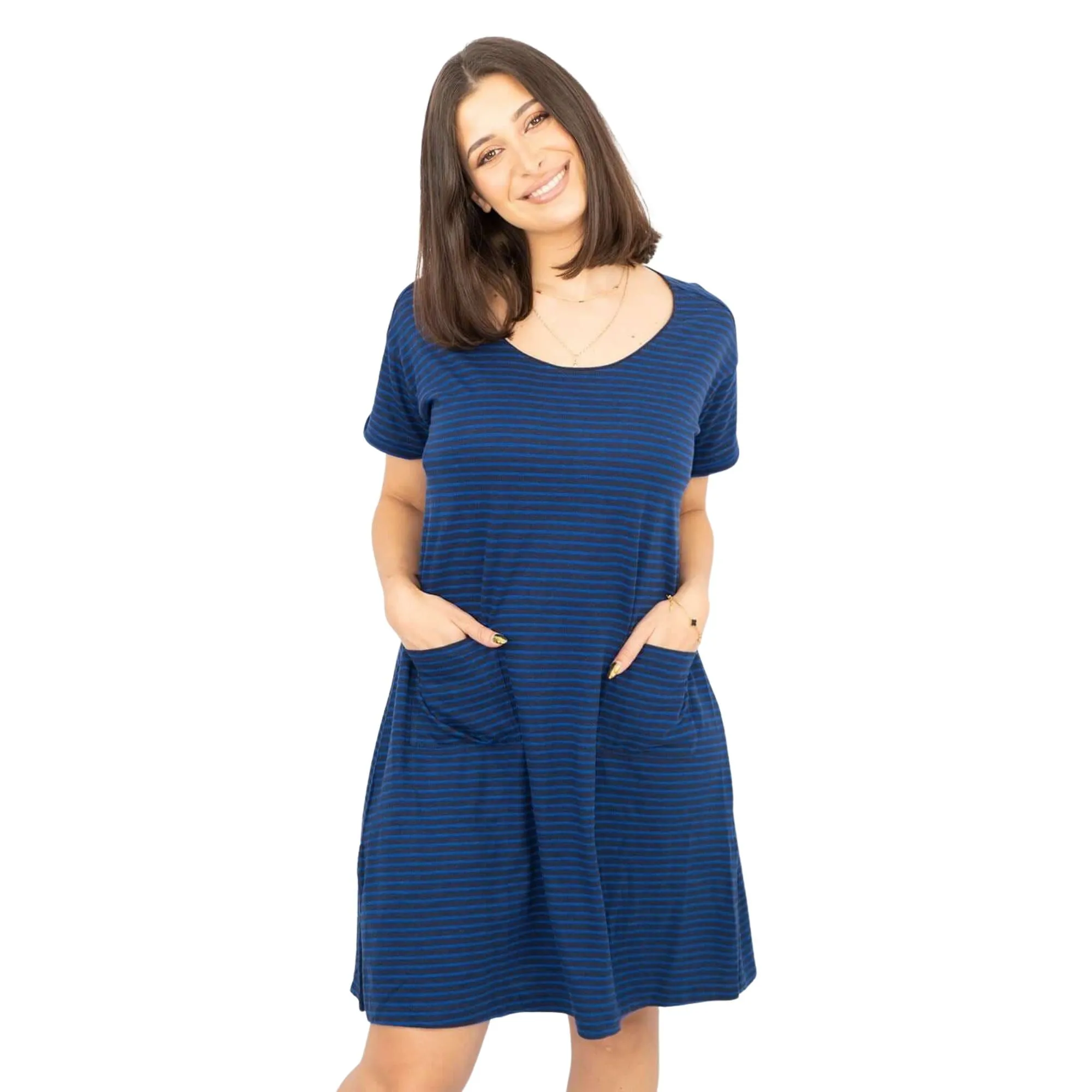 White Stuff Rich Blue Stripes Short Sleeve Cotton Blend Jersey Casual Relaxed Short Dress