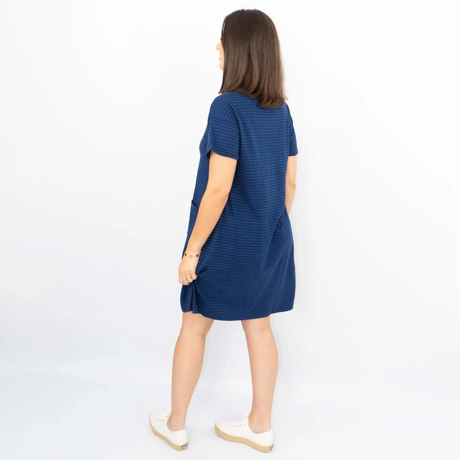 White Stuff Rich Blue Stripes Short Sleeve Cotton Blend Jersey Casual Relaxed Short Dress