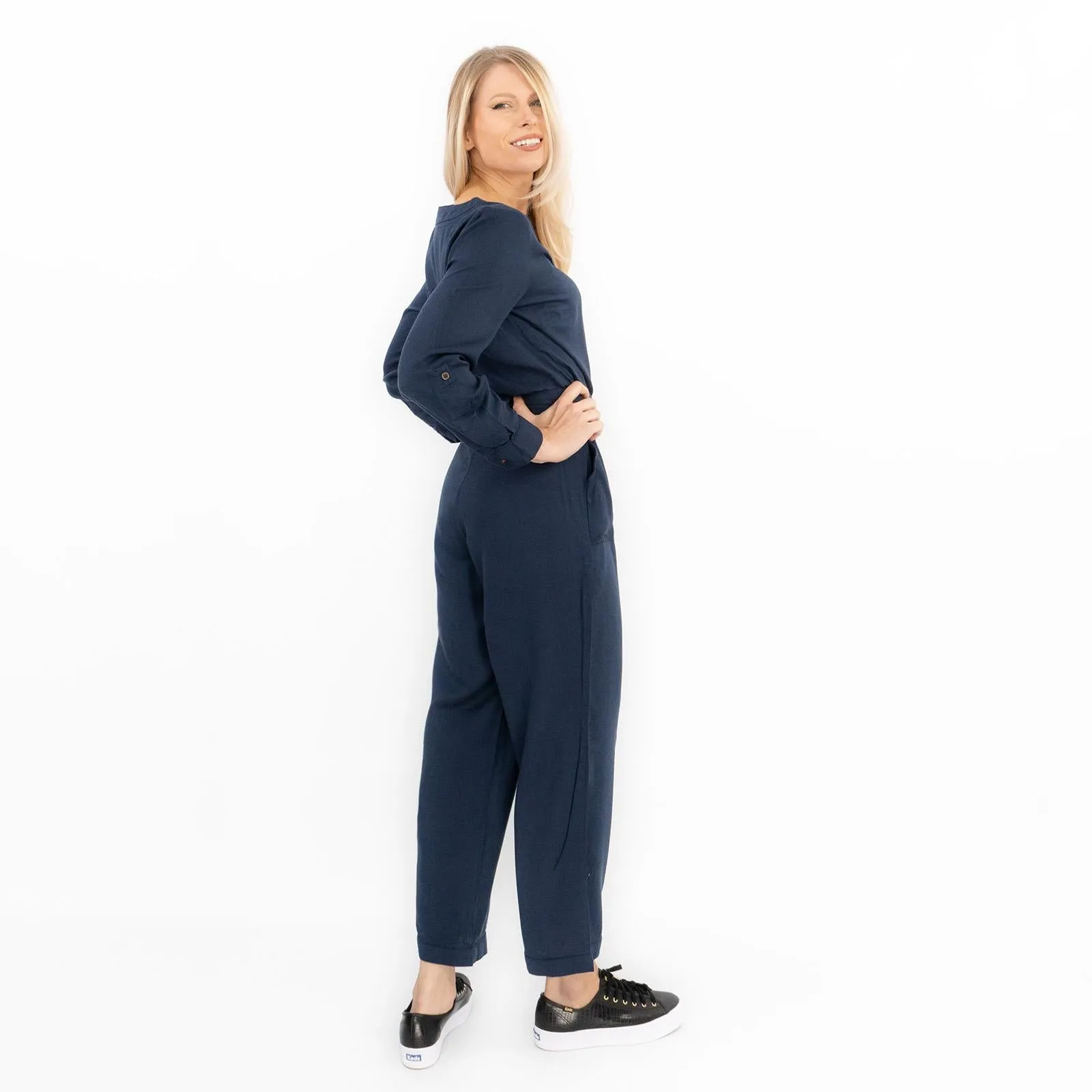 White Stuff Skyline Navy Blue Denim Long Sleeve Relaxed Leg Jumpsuit