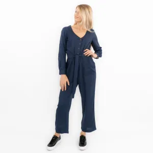 White Stuff Skyline Navy Blue Denim Long Sleeve Relaxed Leg Jumpsuit