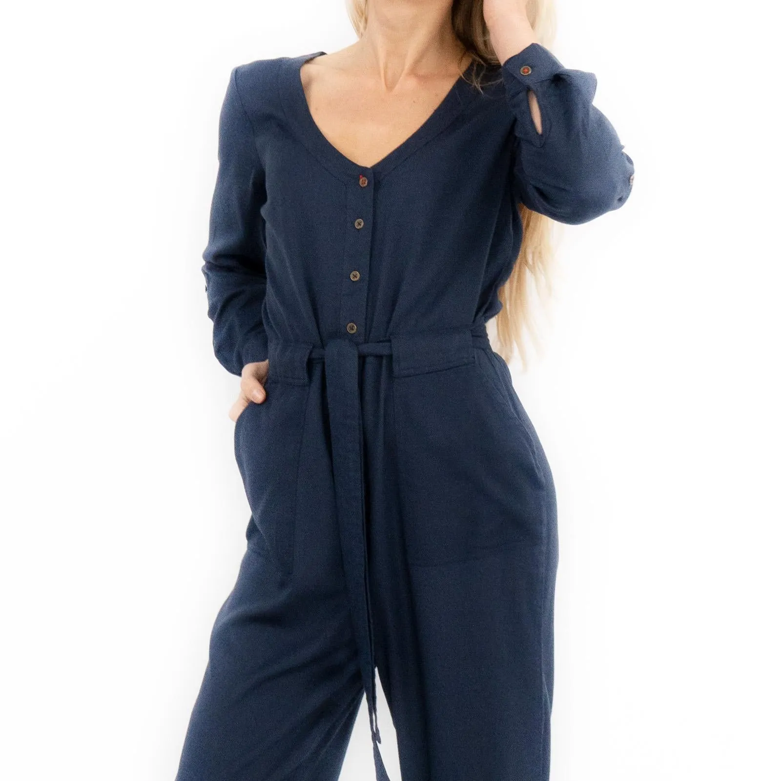 White Stuff Skyline Navy Blue Denim Long Sleeve Relaxed Leg Jumpsuit
