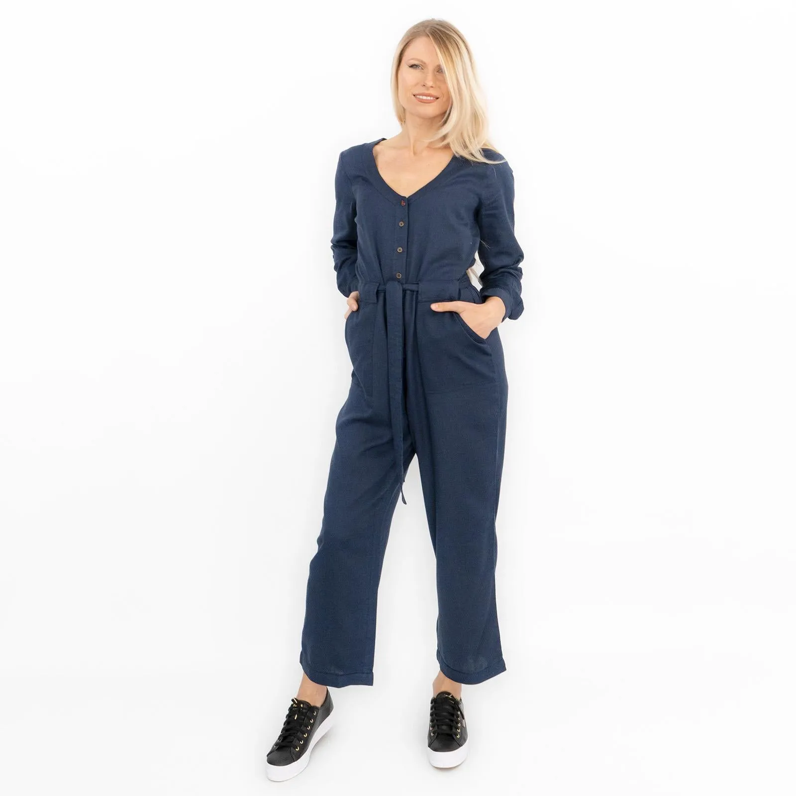 White Stuff Skyline Navy Blue Denim Long Sleeve Relaxed Leg Jumpsuit