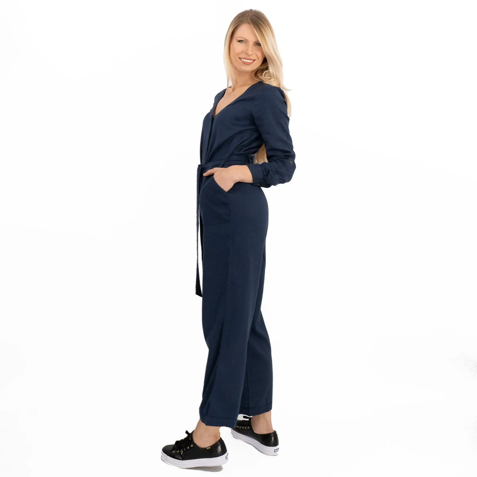 White Stuff Skyline Navy Blue Denim Long Sleeve Relaxed Leg Jumpsuit