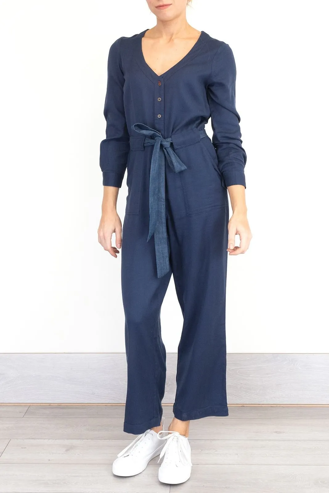 White Stuff Skyline Navy Blue Denim Long Sleeve Relaxed Leg Jumpsuit