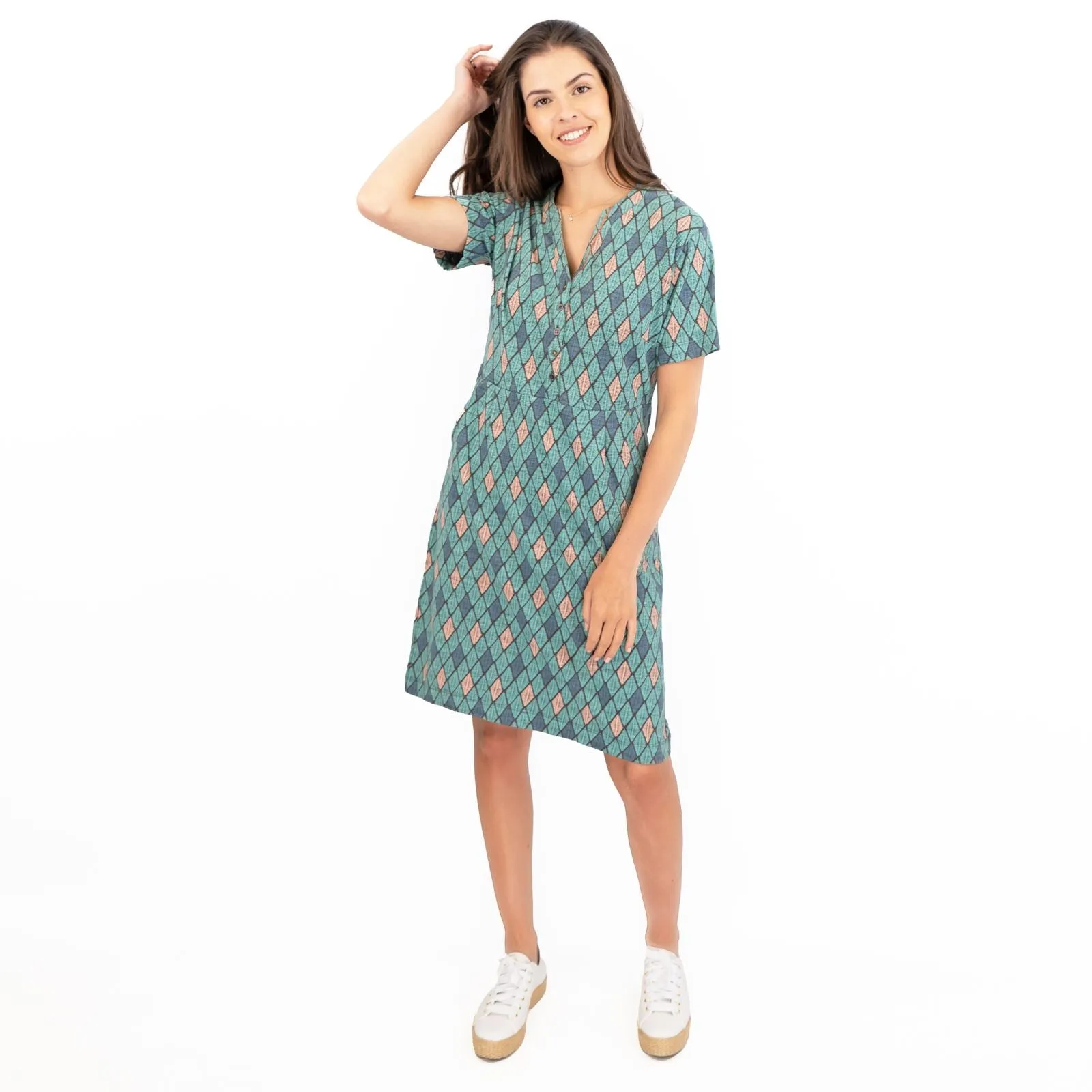 White Stuff Tammy Geo Print Short Sleeve Summer Cotton Jersey Dress