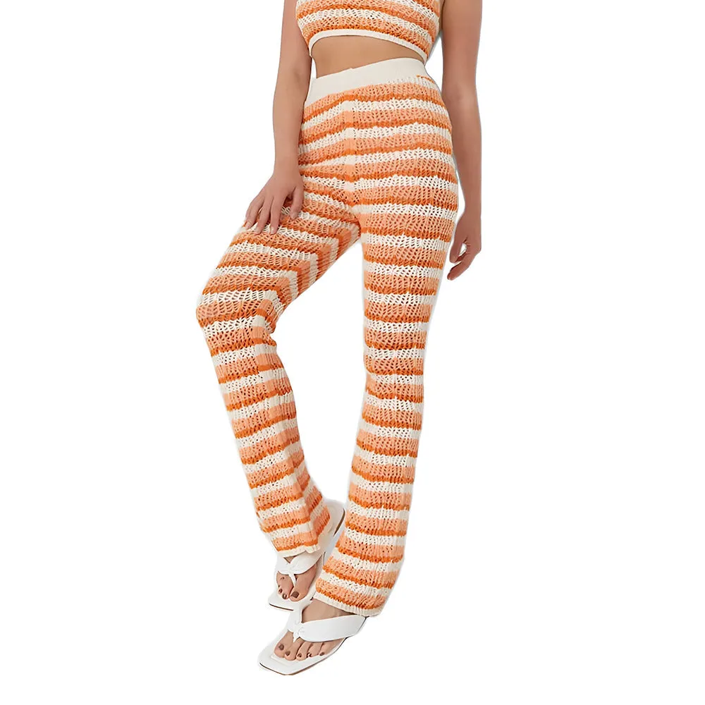 Women's Crochet Striped Pant,Beige/Orange
