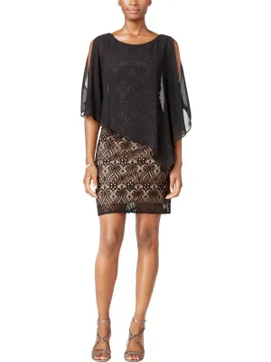 Women's Lace Mixed Media Capelet Dress,Black