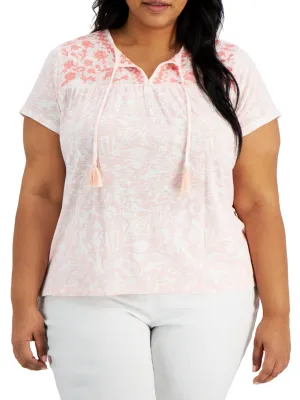 Women's Printed Embroidered Tassel-Tie Top,Pink
